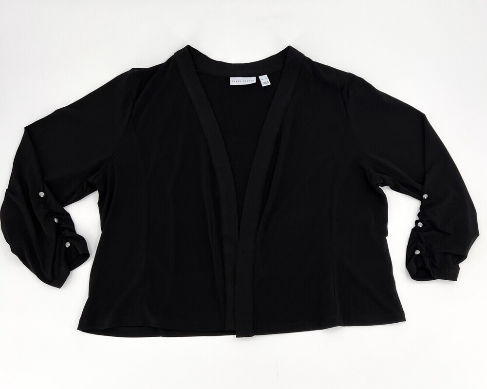 Susan Graver Cardigan Womens XL Black Open Short Long Sleeve Studded